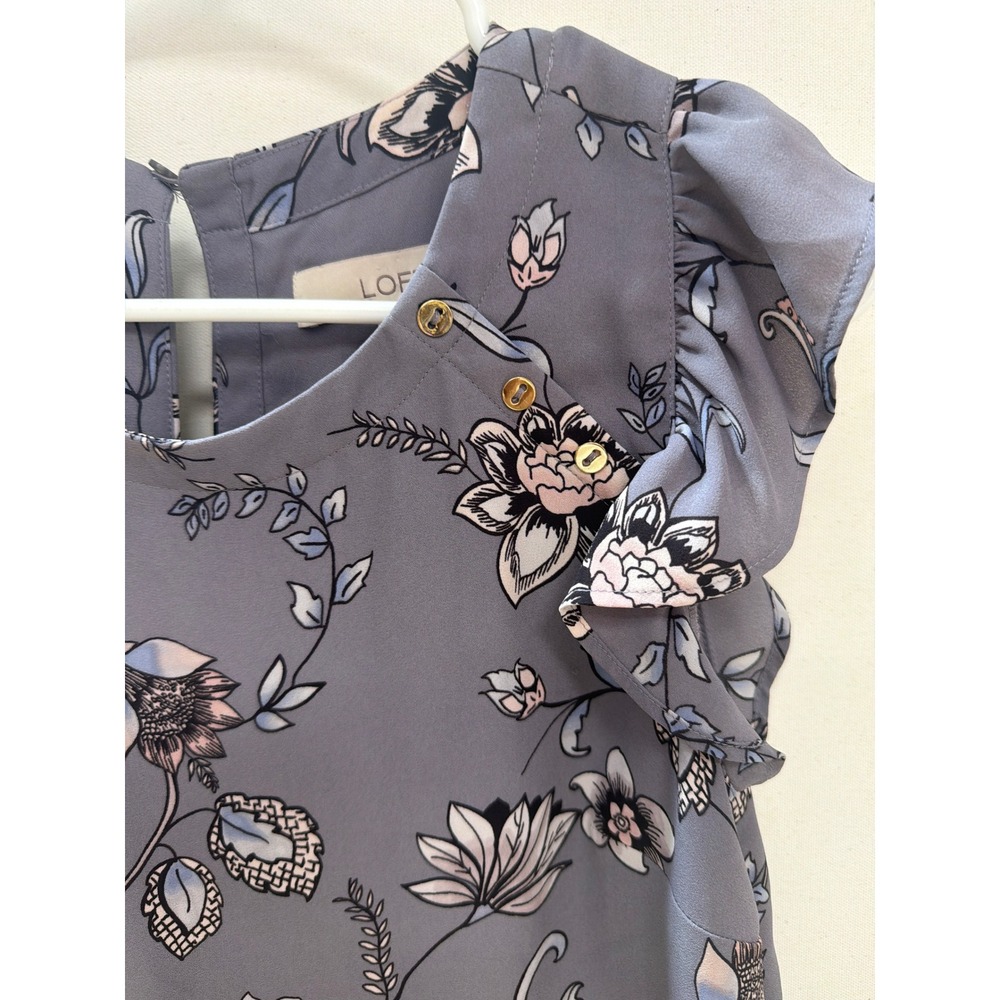 LOFT Floral Flutter Sleeve Shift Dress Blue Pink Gold Button Detail XS - Picture 2 of 5